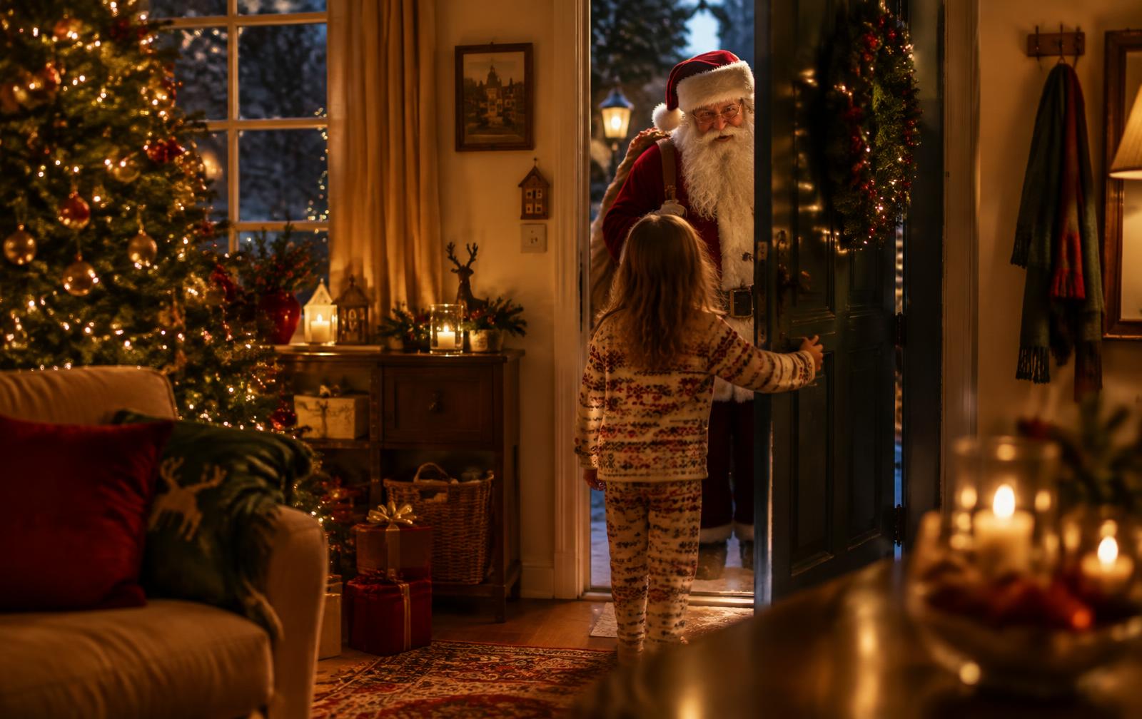 Een kind opent de deur voor de Kerstman